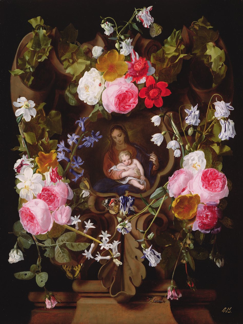 Madonna och barn omgiven av en krans av blommor (Madonna och barn med en annan hand) av Christiaan Luykx or Luycks