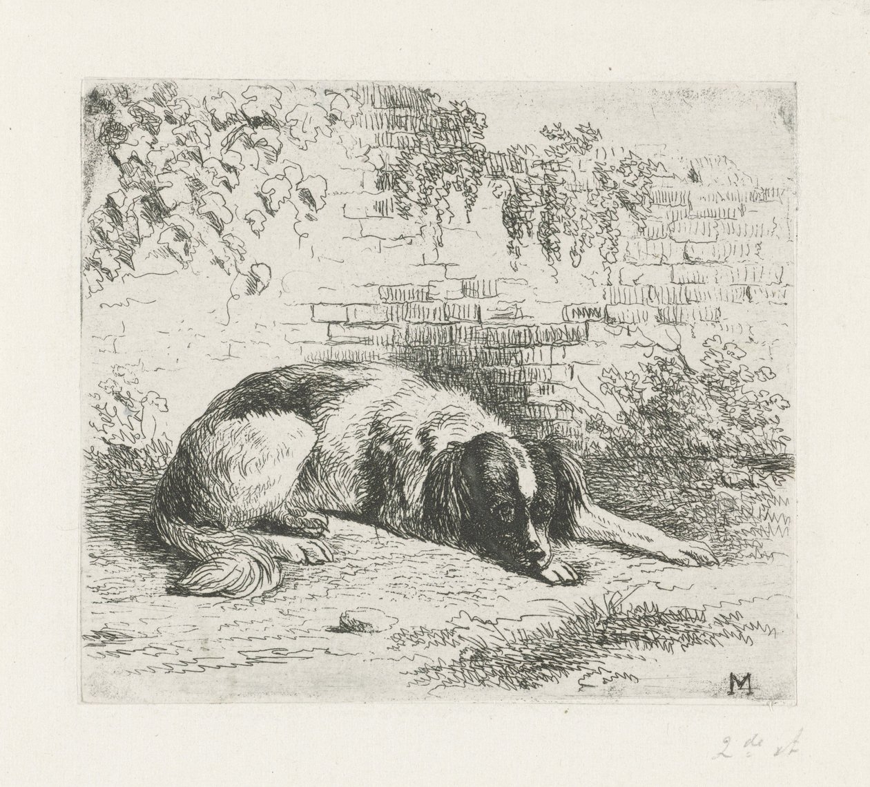 Hund liggande framför en vägg av Christiaan Wilhelmus Moorrees