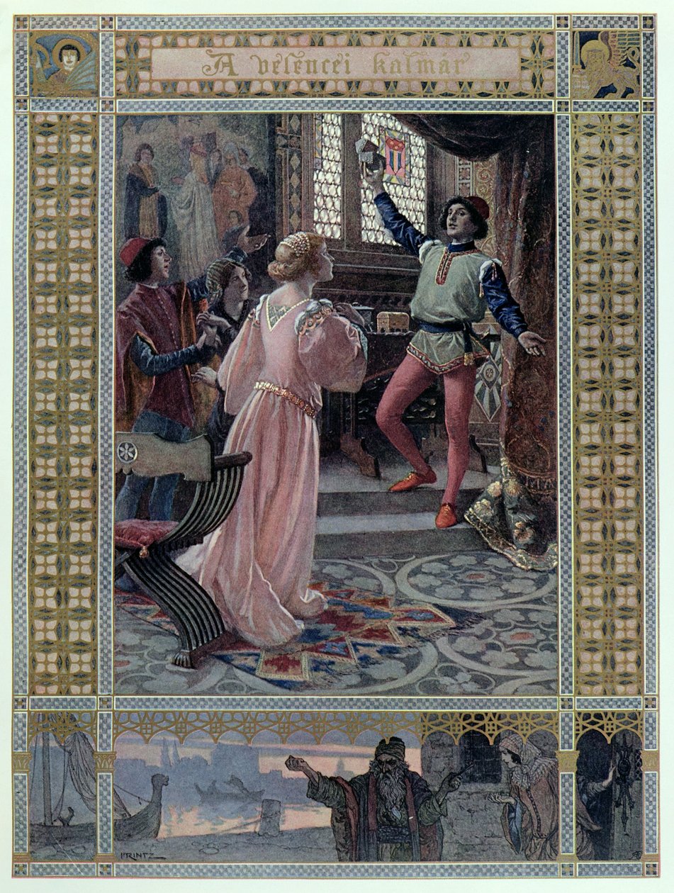 Illustration från "Köpmannen i Venedig" av William Shakespeare (1565-1616), omkring 1900. av Christian August Printz