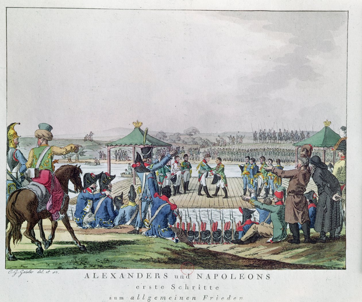 Alexander I (1777-1825) och Napoleon (1769-1821) Ta de första stegen mot ett allmänt fredstillstånd, 26 juni 1807 (färgstick) av Christian Gottfried Geissler