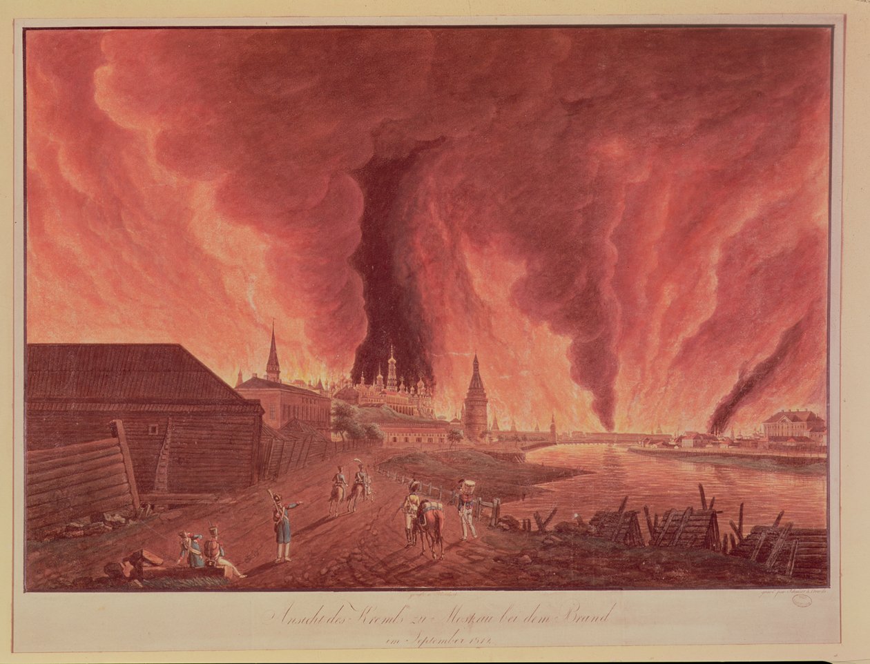 Vy över Kreml under branden i Moskva i september 1812, graverad av Schmidt av Christian Johann Oldendorp