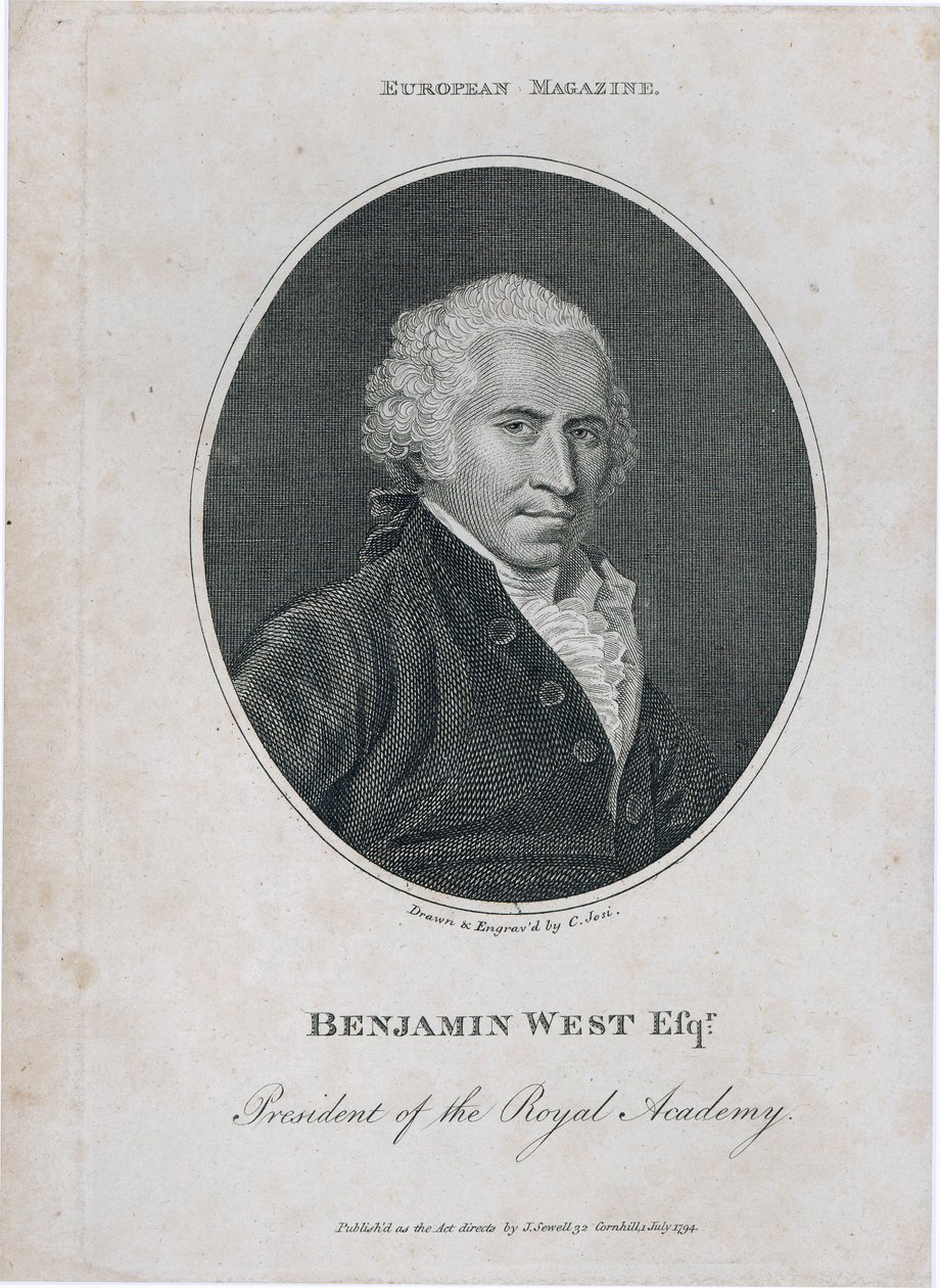 Porträtt av Benjamin West (1738-1820), president för Royal Academy, graverat av konstnären, 1794 av Christian Josi