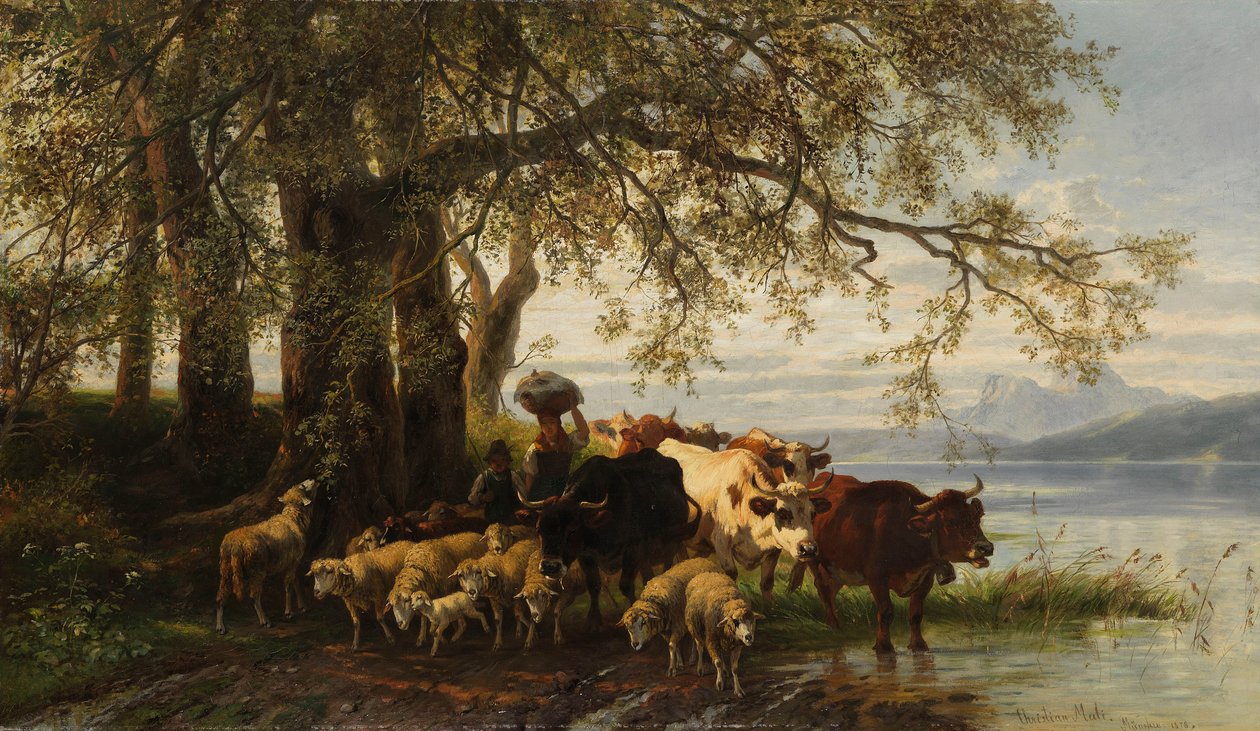 Bäuerin und Hirtenjunge mit Rinder- und Schafherde am Seeufer av Christian Mali