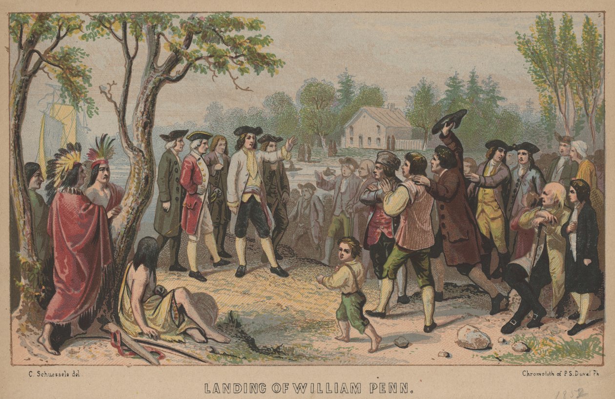 Landing of William Penn, litho av P.S. Duval, 1852 (chromolitho) av Christian Schuessele