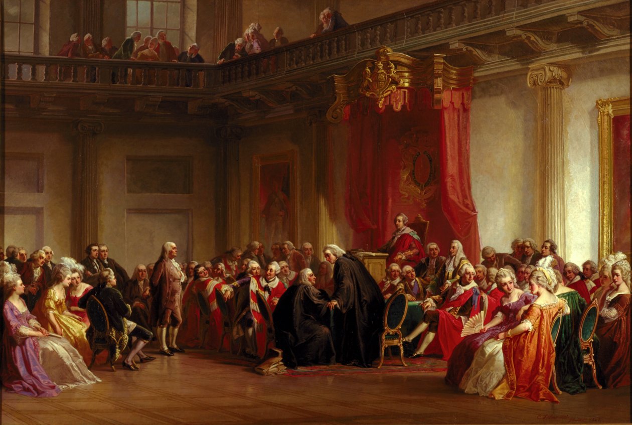 Benjamin Franklin inför Privy Council av Christian Schussele