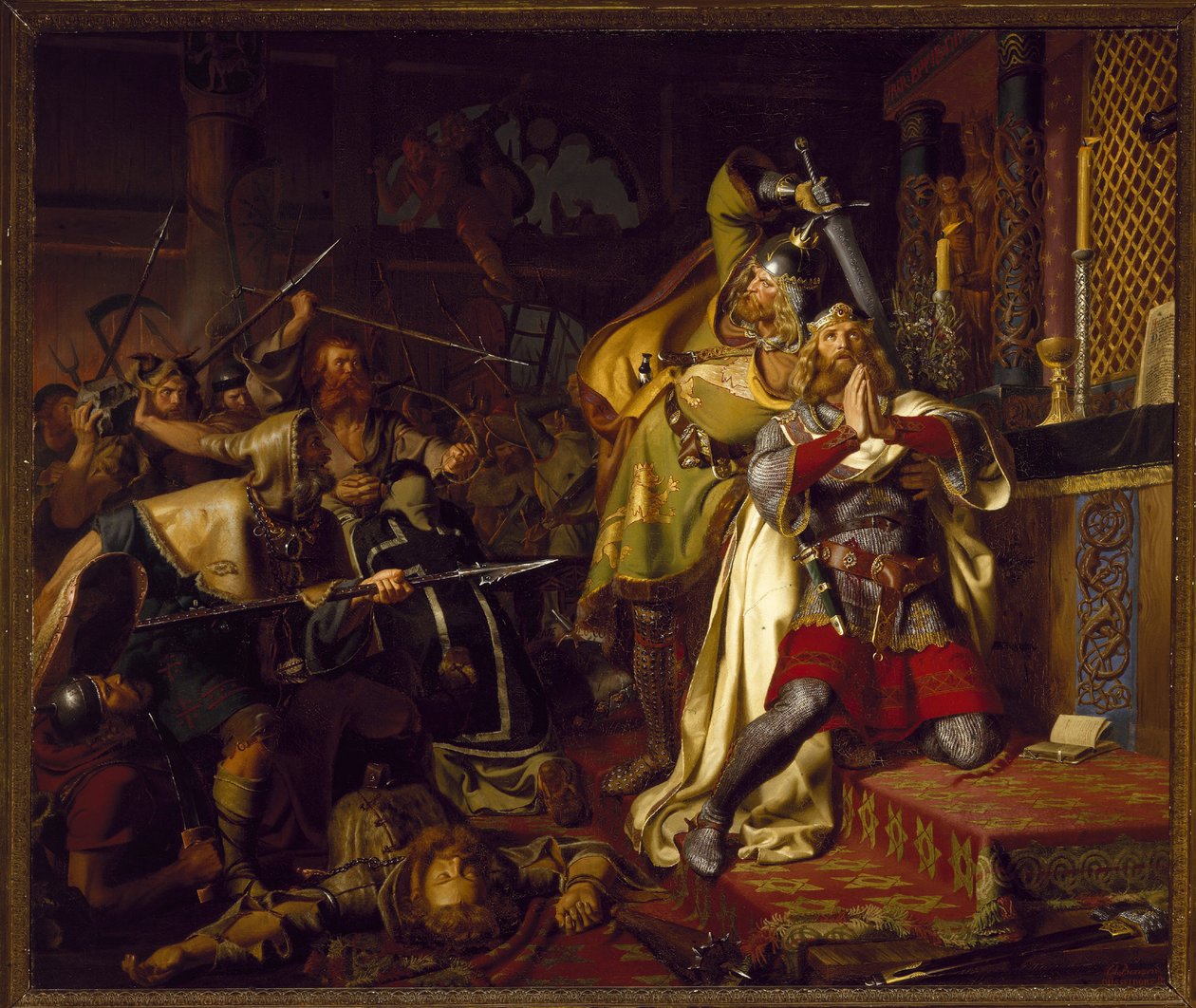 Mort de Knut (Knöt, Knud) IV av Danmark den Helige (1040-1086) - The Death of Canute IV of Denmark i Saint Albanus Church (Mordet på Knud den Helige) av Christian Albrecht von Benzon (1816-1849) av Christian Albrecht von Benzon