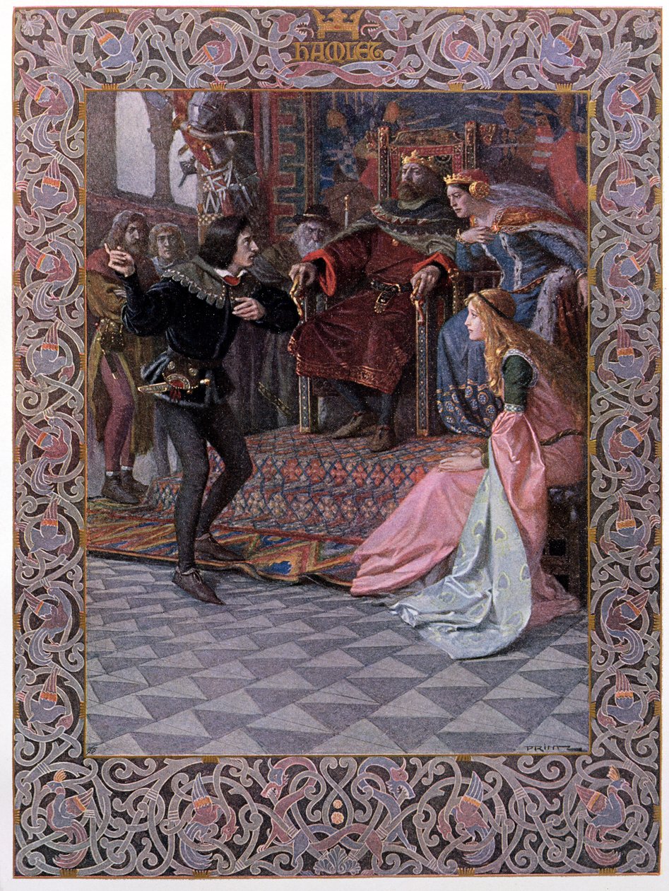 Hamlet före kung Claudius, drottning Gertrud och Ophelia, scen från "Hamlet" av William Shakespeare (1564-1616) c.1900 av Christian August Printz