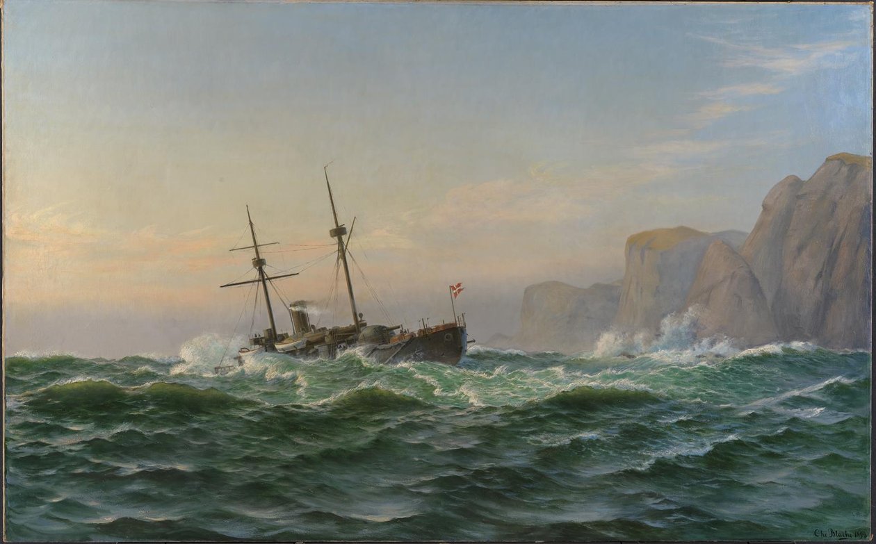 Pansarskeppet "Iver Hvitfeldt" passerar Forbjerget Stat på väg till Trondhjem sommaren 1893 av Christian Blache