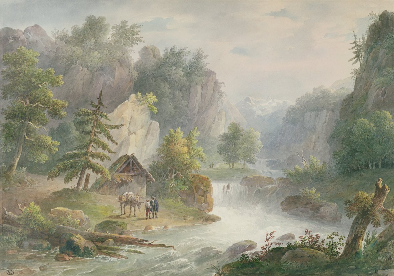 Bergigt landskap med en torrent, 1825 (wc på papper) av Christian Brune