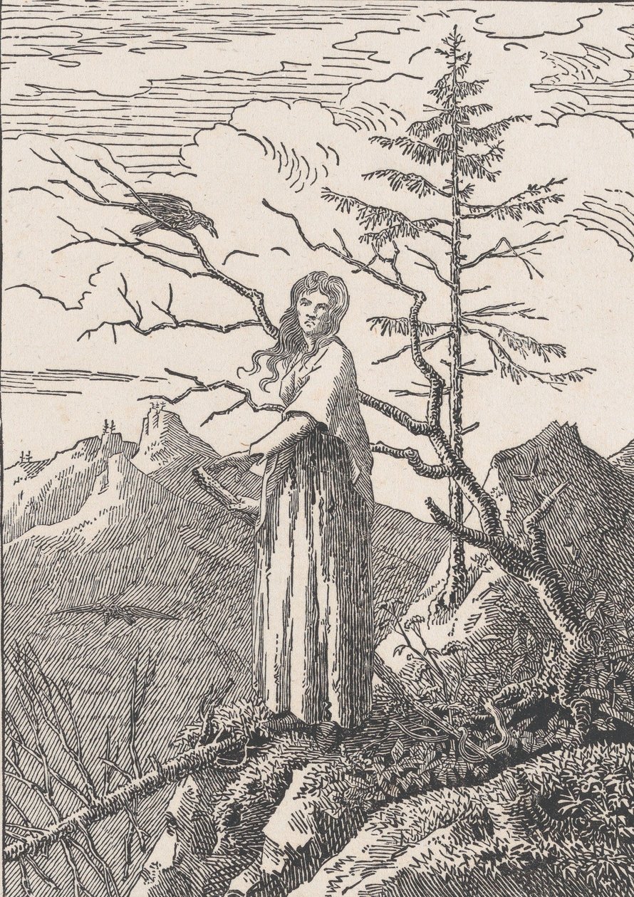 Kvinna med en korp Kvinnan med korpen på avgrunden, troligen 1803. av Christian Friedrich