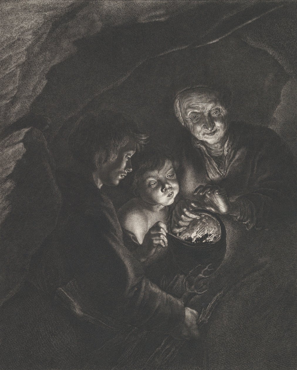 Nattscen i en grotta med en gammal kvinna som håller brinnande kol i en gryta, en pojke blåser..., ca. 1750-57 av Christian Friedrich Boëtius