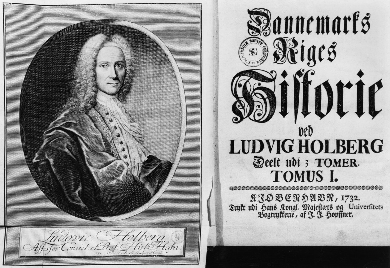 Baron Ludvig Holberg (1684-1754) och titelsidan till volym I av hans Danmarks Historie, publicerad i Köpenhamn, 1732 av Christian Friedrich Fritzsch