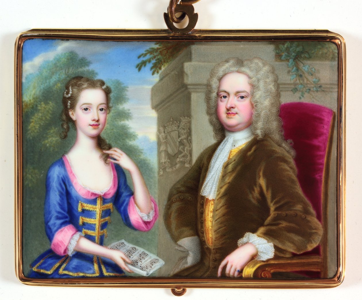 Lady Margaret Cavendish Holles Harley och hennes far Edward Harley (emalj) av Christian Friedrich Zincke