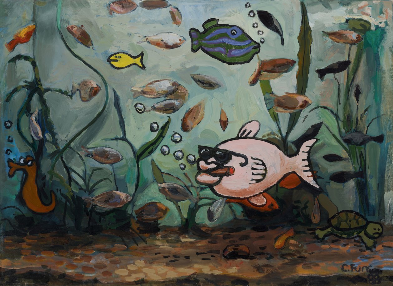 Big Pink Fish in Fishy World 1988 (olja på duk) av Christian Furr