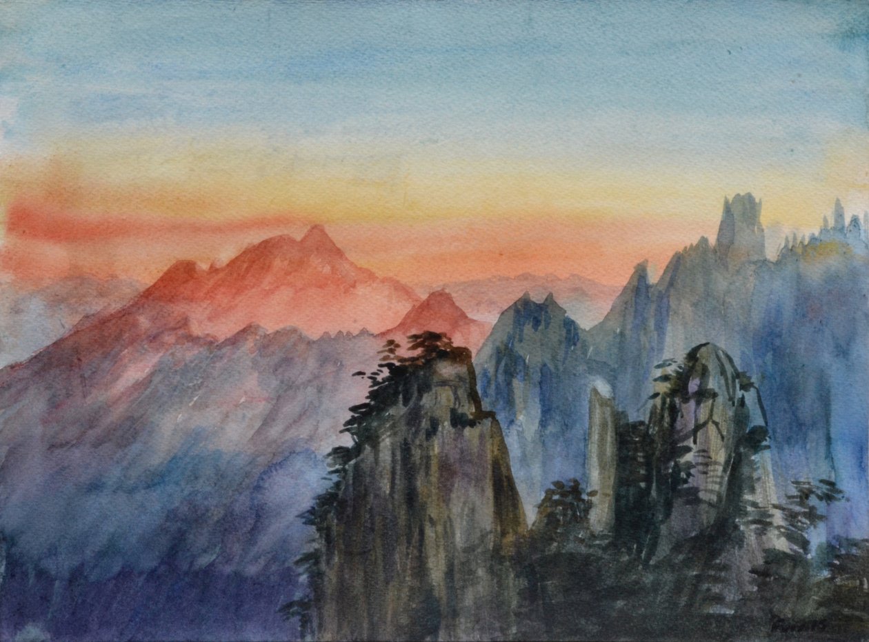Buddhas ljus - Soluppgång Rose Mountain, 2015 (akvarell på papper) av Christian Furr