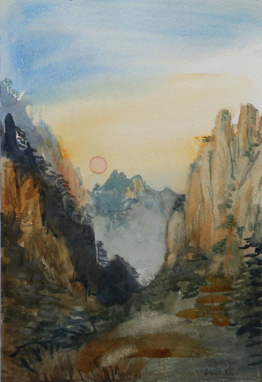 Rosa sol - gula berg, 2015 (akvarell på papper) av Christian Furr