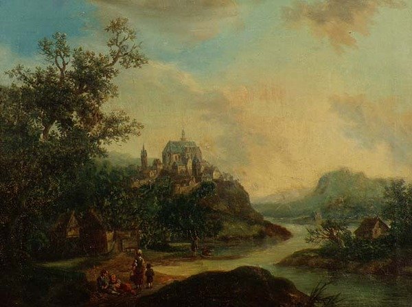 En utsikt över Rhenlandet med figurer i förgrunden och en befäst stad på en kulle bortom av Christian Georg II Schutz or Schuz