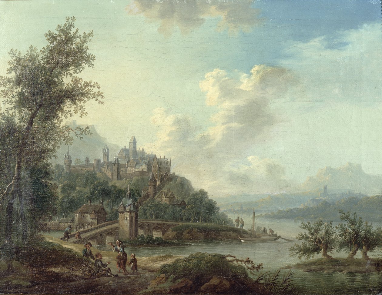 En vy från Rhenlandet med en bro och figurer i förgrunden och en befäst stad på en kulle bortom. av Christian Georg II Schutz or Schuz