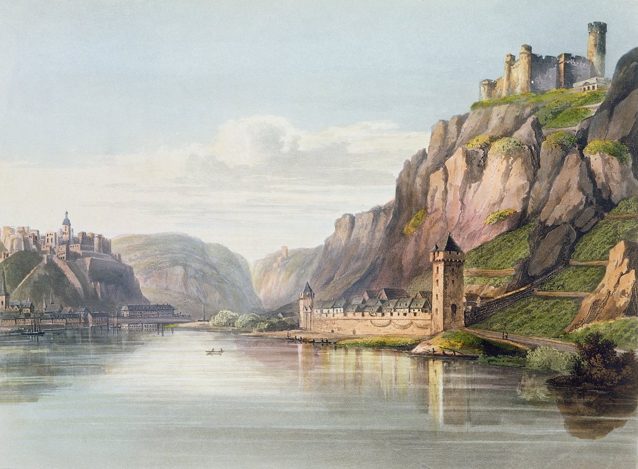 St. Goarshausen, St. Goar och Rheinfels, graverade av T. Sutherland, från 