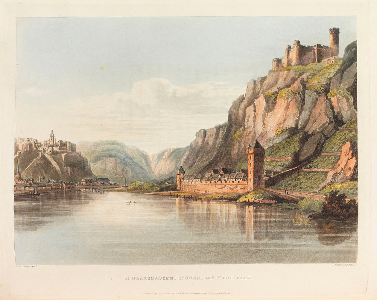 St. Goarshausen, St. Goar och Rheinfels. Från: En pittoresk rundtur längs Rhen, 1820. av Christian Georg Schütz the Younger