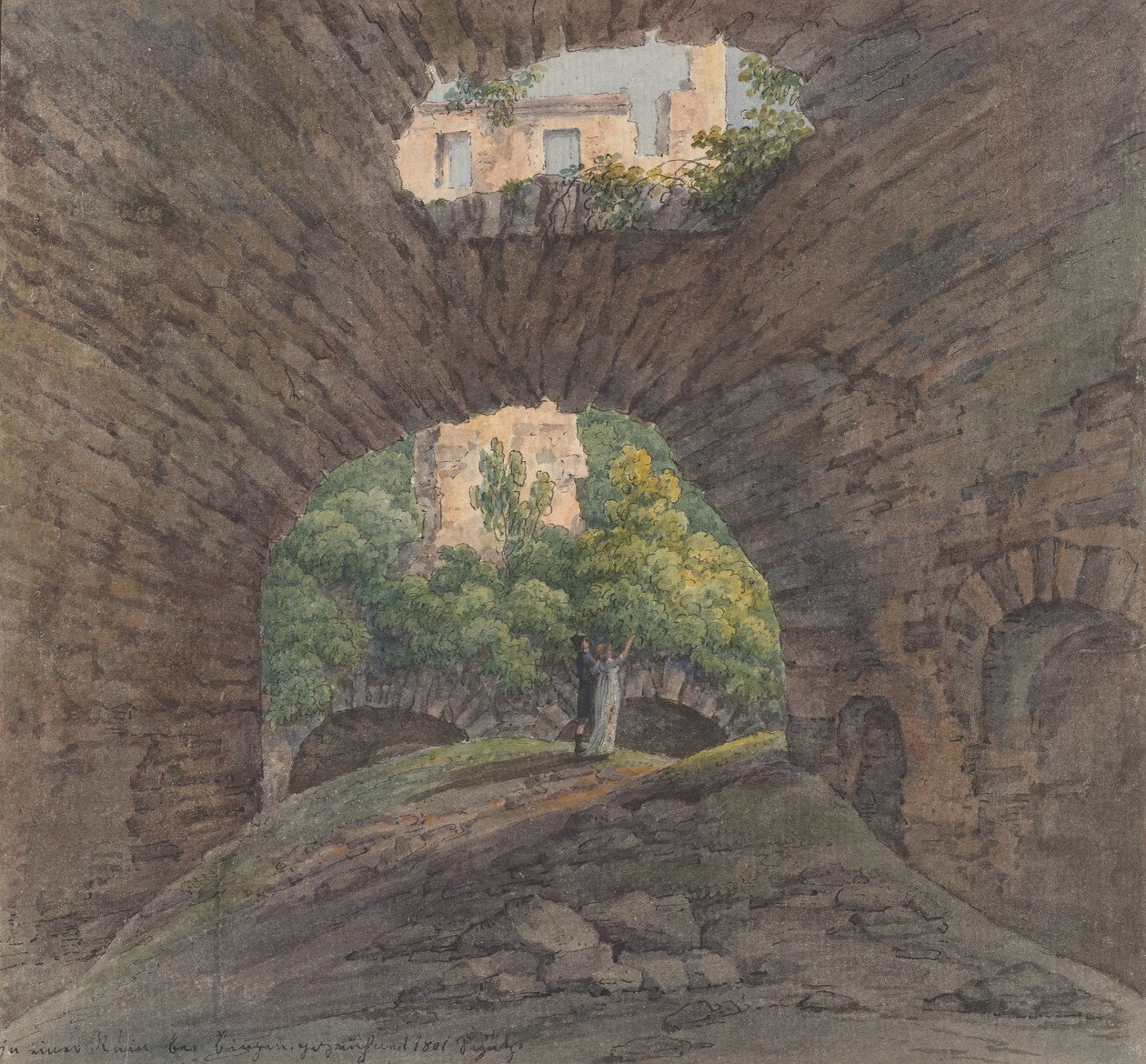 Ett ungt par tittar på ruiner nära Bingen, 1801. av Christian Georg Schutz