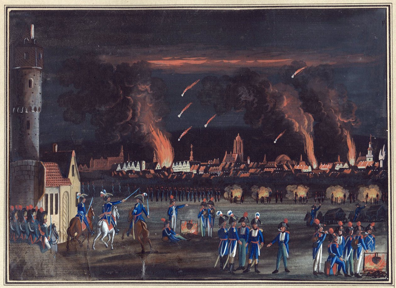Första koalitionen - 13 juni 1796: Bombarderingen av Frankfurt am Main (Frankfurt) av det franska bombardementet av Frankfurt am Main av den franska armén, 13 juli av Christian Georg the Elder Schuetz