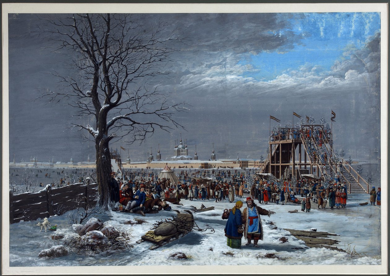 Berg-och dalbanorna på Neva nära Smolny-klostret i Sankt Petersburg - Christian Gottfried Heinrich Geissler (1770-1844). Kopparstick, akvarell av Christian Gottfried Geissler