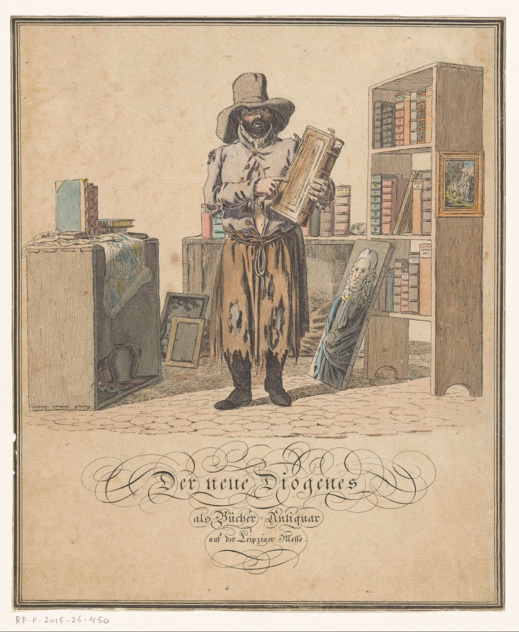 Porträtt av böcker av Johann Gottlob Helmert Den nya Diogenes som bokhandlare på Leipzigmässan (titel på objekt) av Christian Gottfried Heinrich Geissler (possibly)