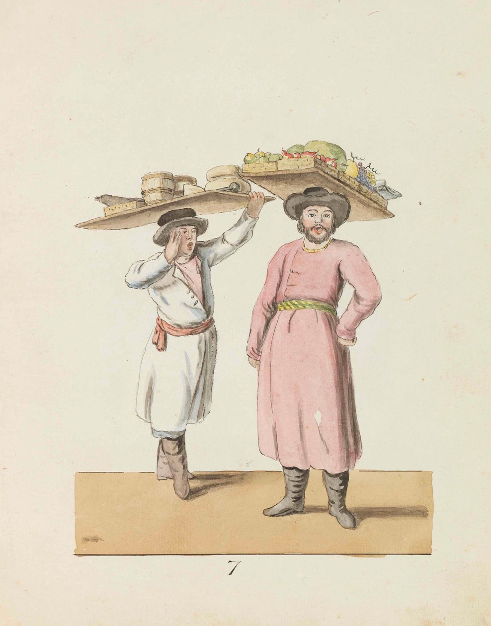 Fruktförsäljare och bonde som säljer ost och sill Ur serien St. Petersburg..., 1799. av Christian Gottfried Heinrich Geissler