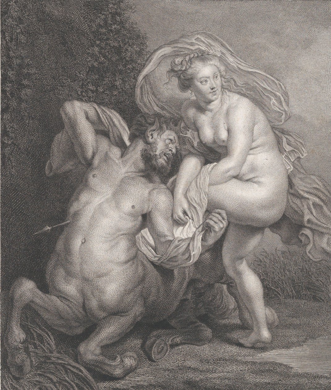 Deianeira tar emot den förgiftade tunikan från Nessus och den skadade kentauren faller till..., 1778. av Christian Gottfried Schulze
