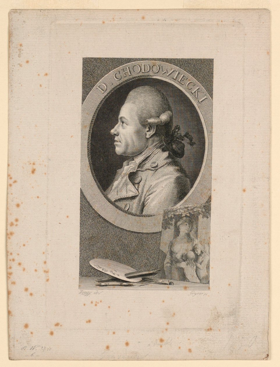 Porträtt av Daniele Chodoiecki, frontispice för "Neue Bibliotheh der sönen Wissenschaften," Leipzig, Tyskland, 1780 av Christian Gottlieb Geyser