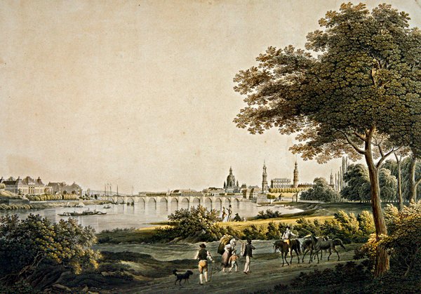 Utsikt över Dresden från sydvästra sidan (färggravyr) av Christian Gottlob Hammer