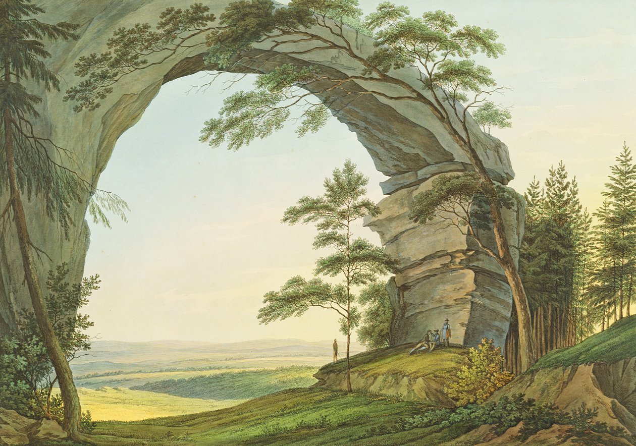 Vy över Prebischtor i Sachsiska Schweiz på gränsen till Böhmen (gravyr med wc) av Christian Gottlob Hammer