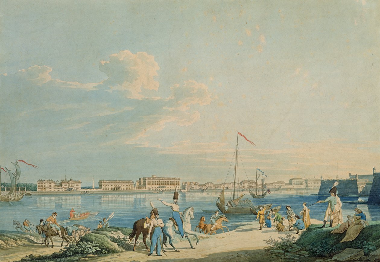 Marmorpalatset och norra sidan av Peter och Paul-fästningen i S:t Petersburg (gravyr med wc) av Christian Gottlob Hammer