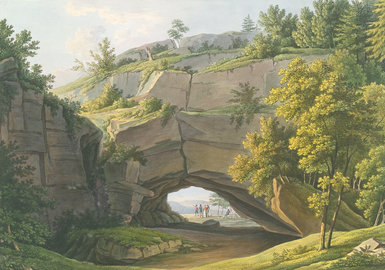 Utsikt över den berömda Kuhstallgrottan i Saxon Schweiz (gravyr med wc) av Christian Gottlob Hammer