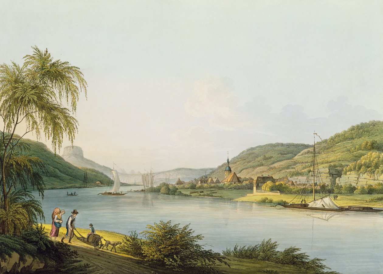 Utsikt över den södra delen av Schandau på Elbe i Sachsen på gränsen till Böhmen (gravyr med akvarell) av Christian Gottlob Hammer