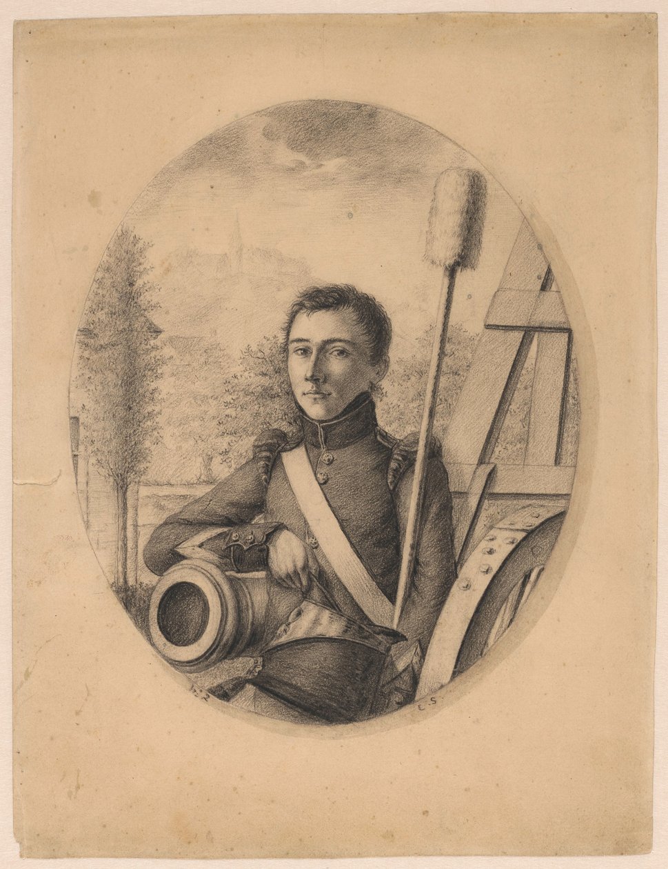 Porträtt av en ung soldat, kepi i höger hand, lutad mot en kanonpipa (självporträtt?) av Christian Heinrich Gottlieb Steuerwald