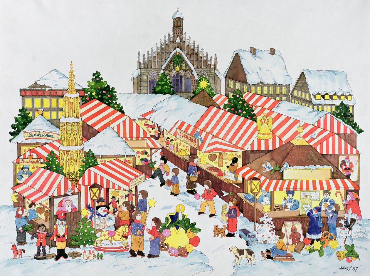 Christkindlmarket, Nürnberg, 1987 (wc på papper) av Christian Kaempf