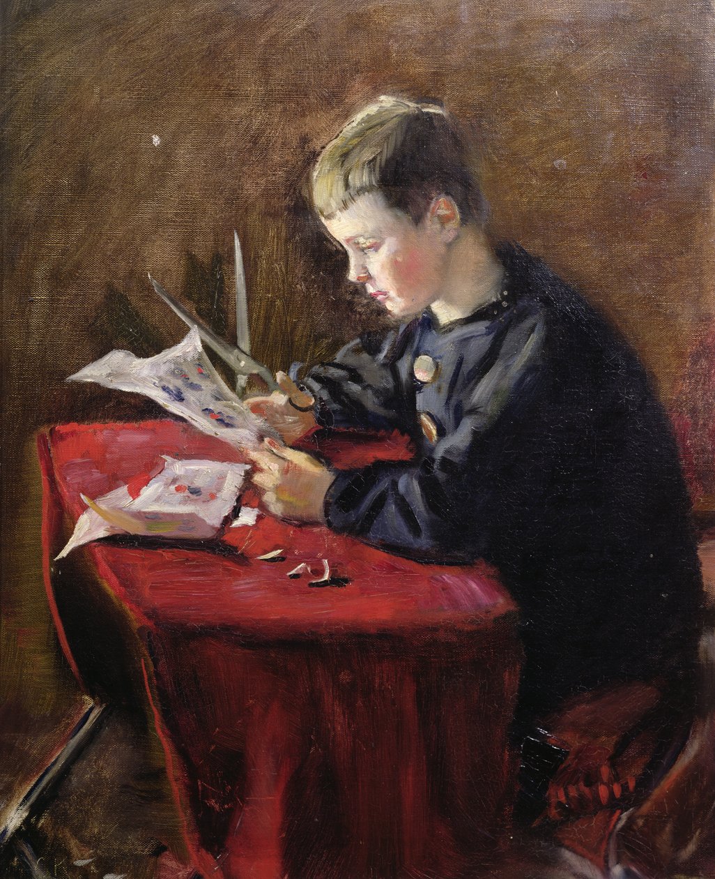 Pojke skär juldekorationer av Christian Krohg