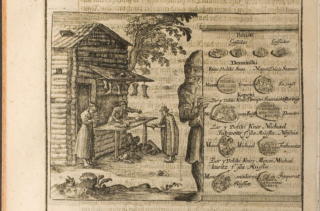 Pengar och handel med Muscovy Illustration från resor till den store hertigen av Muscovy och kungen av av Christian Lorenzen Rothgiesser