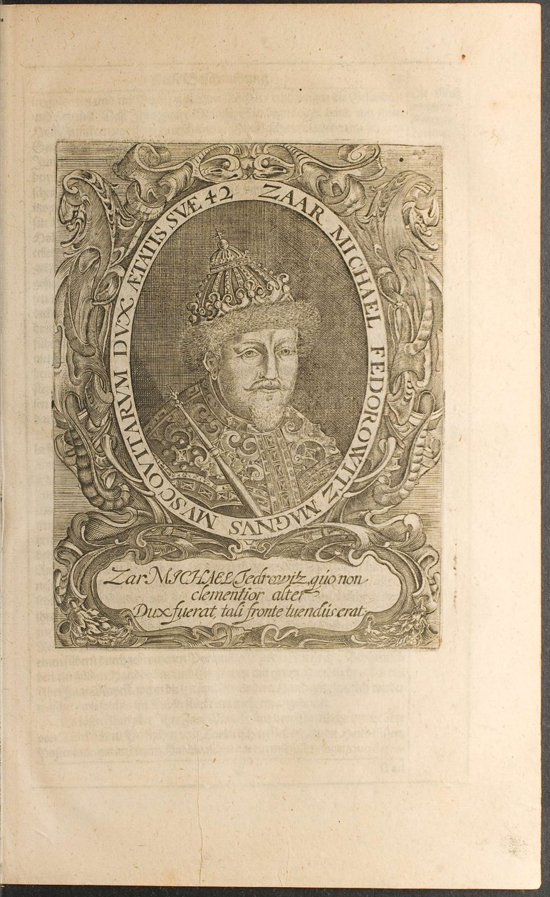 Porträtt av tsaren Michail I Fyodorovich Illustration från resor till den store hertigen av Muscovy av Christian Lorenzen Rothgiesser