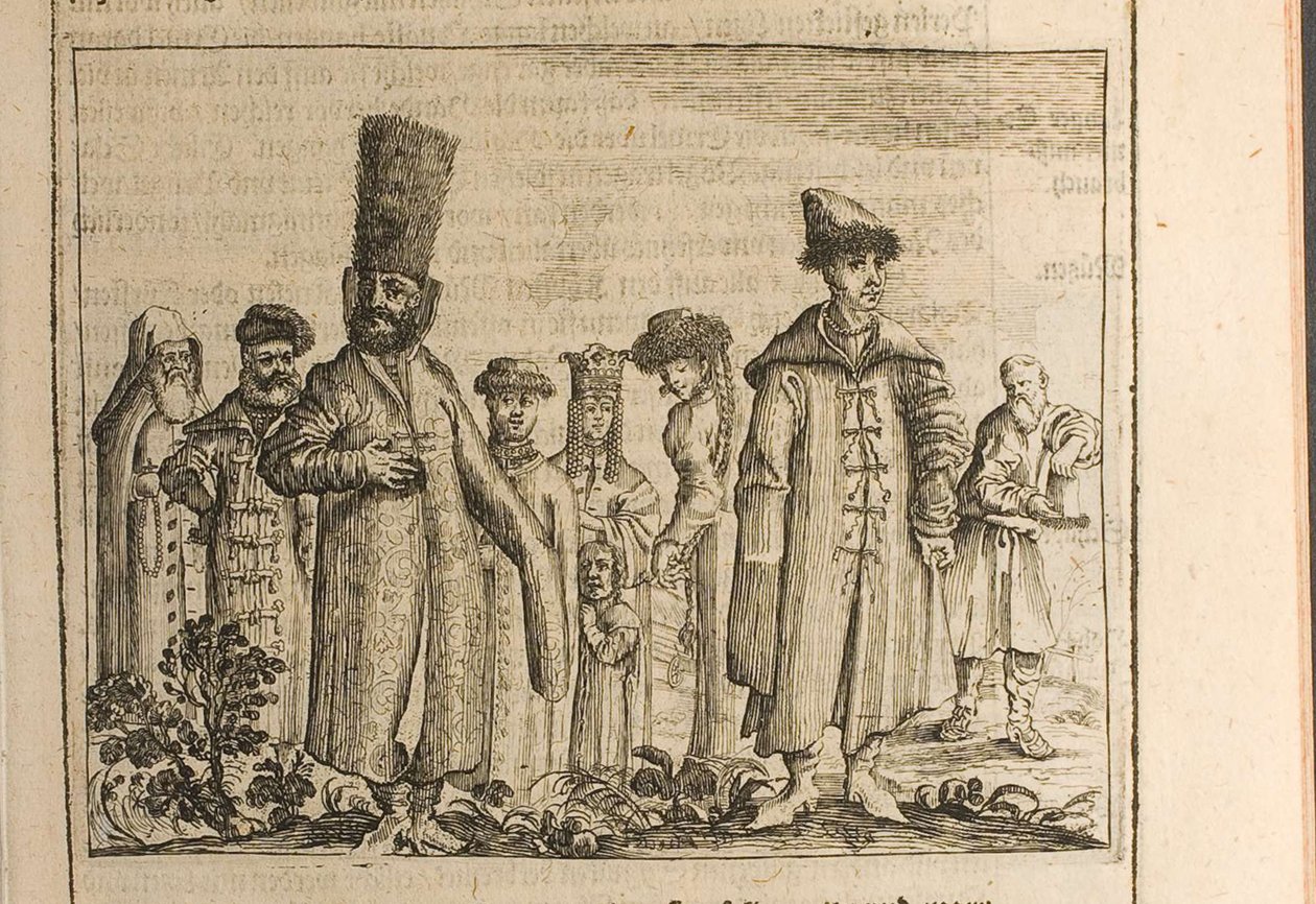 Traditionell klädsel av Moscovites Illustration från resor till den store hertigen av Muscovy och släkten av Christian Lorenzen Rothgiesser