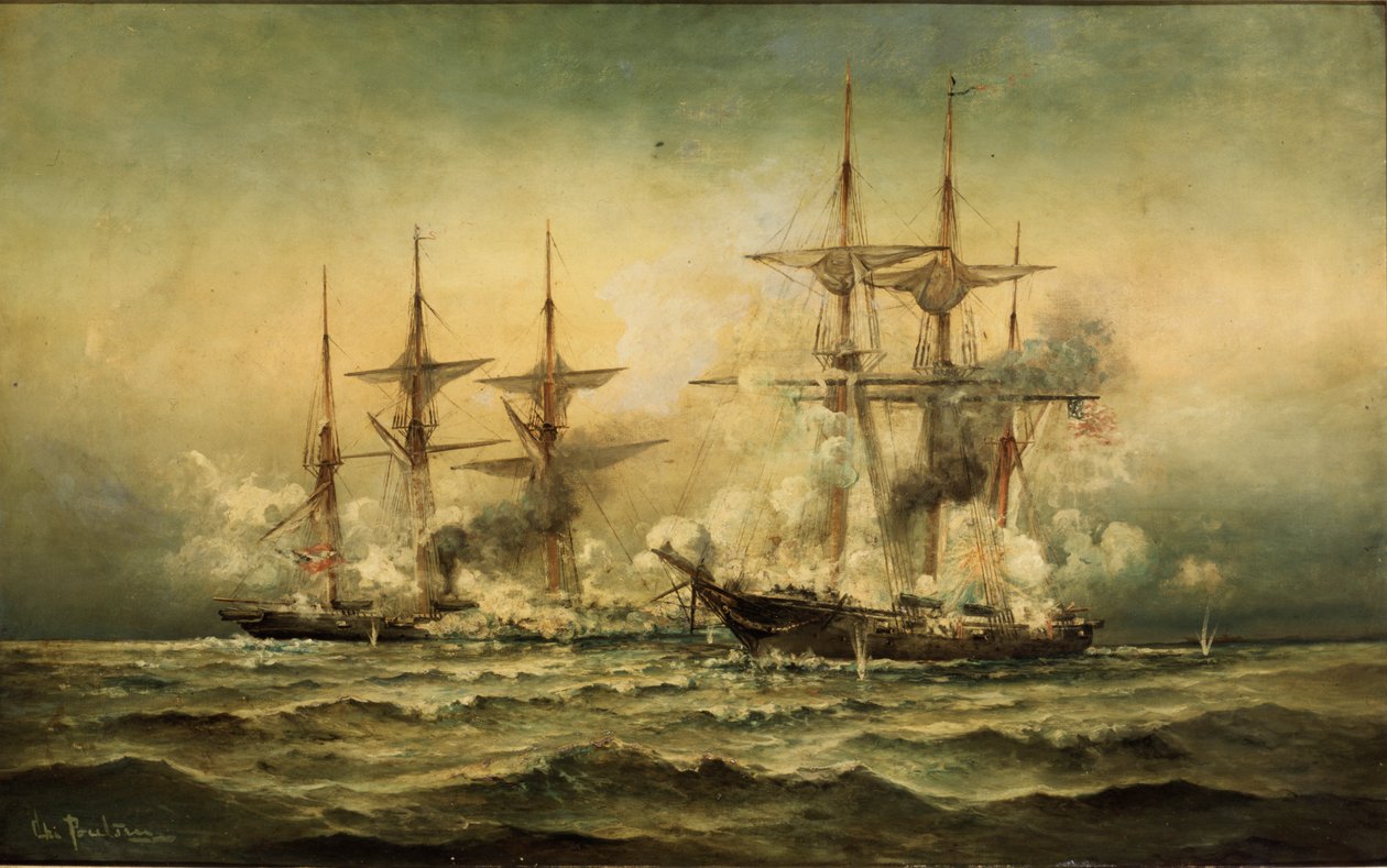 Kearsarge och Alabama utanför Cherbourgs hamn i Frankrike, 19 juni 1864, ca 1870 av Christian Poulsen