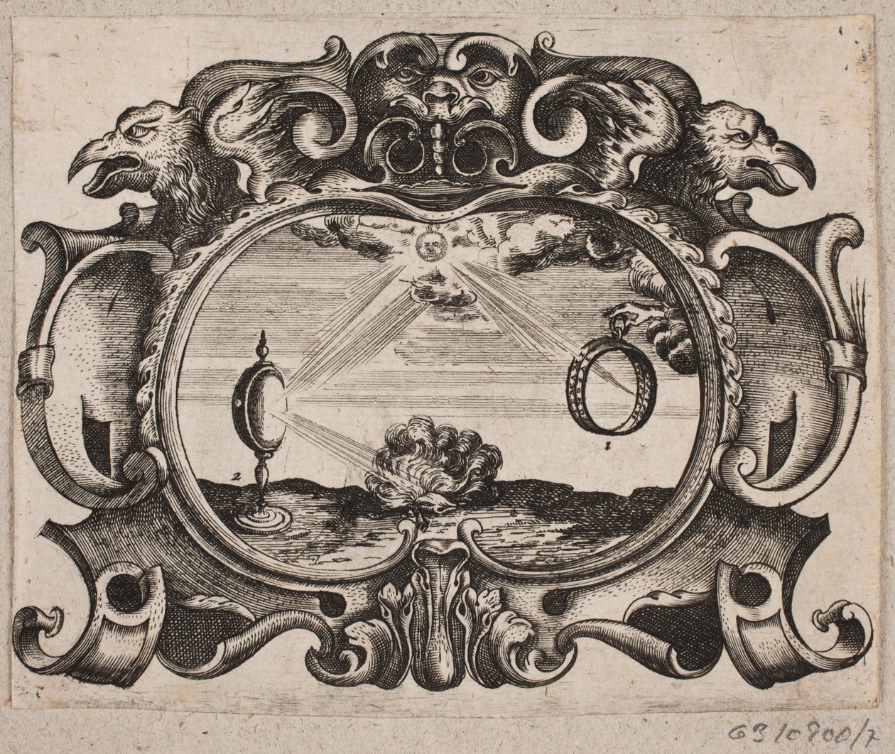 Emblem med sol som strålar genom en ring och genom ett brinnande glas för att antända en eld av Christian Rothgiesser