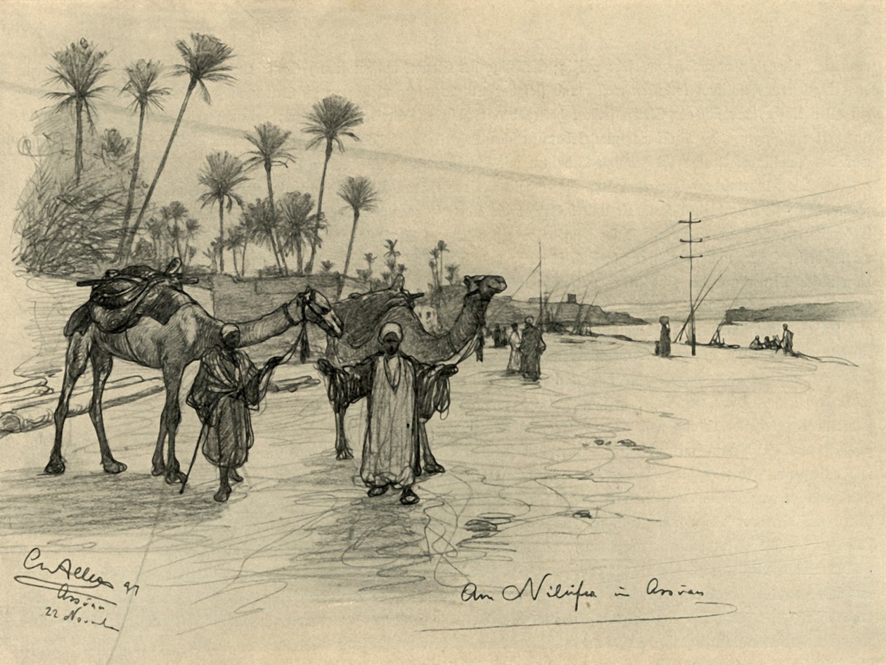 Kamelförare på Nilens strand i Aswan, Egypten, 1898. av Christian Wilhelm Allers