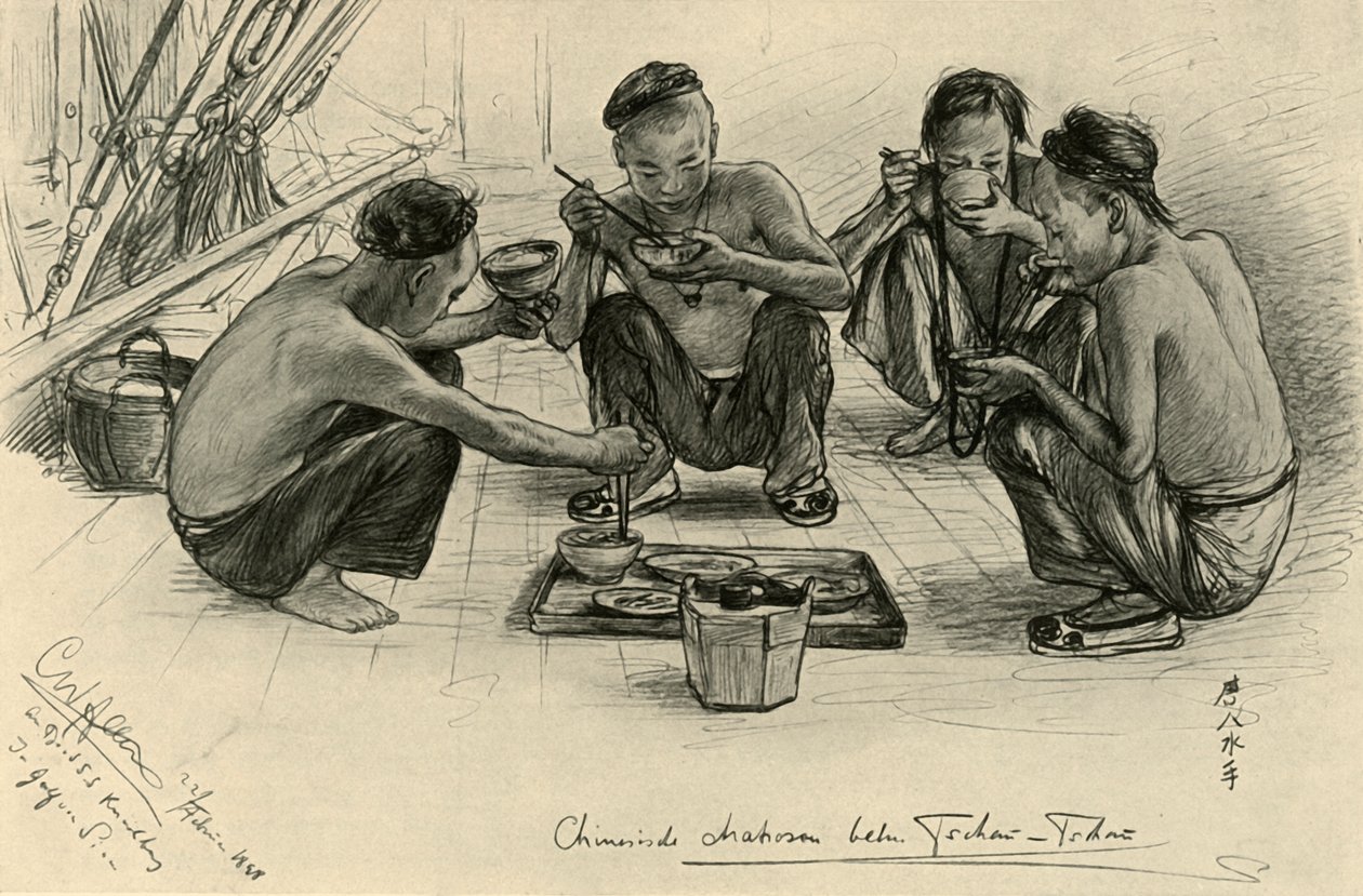 Kinesiska besättningsmedlemmar äter ombord på "Knivsberg", 1898. av Christian Wilhelm Allers