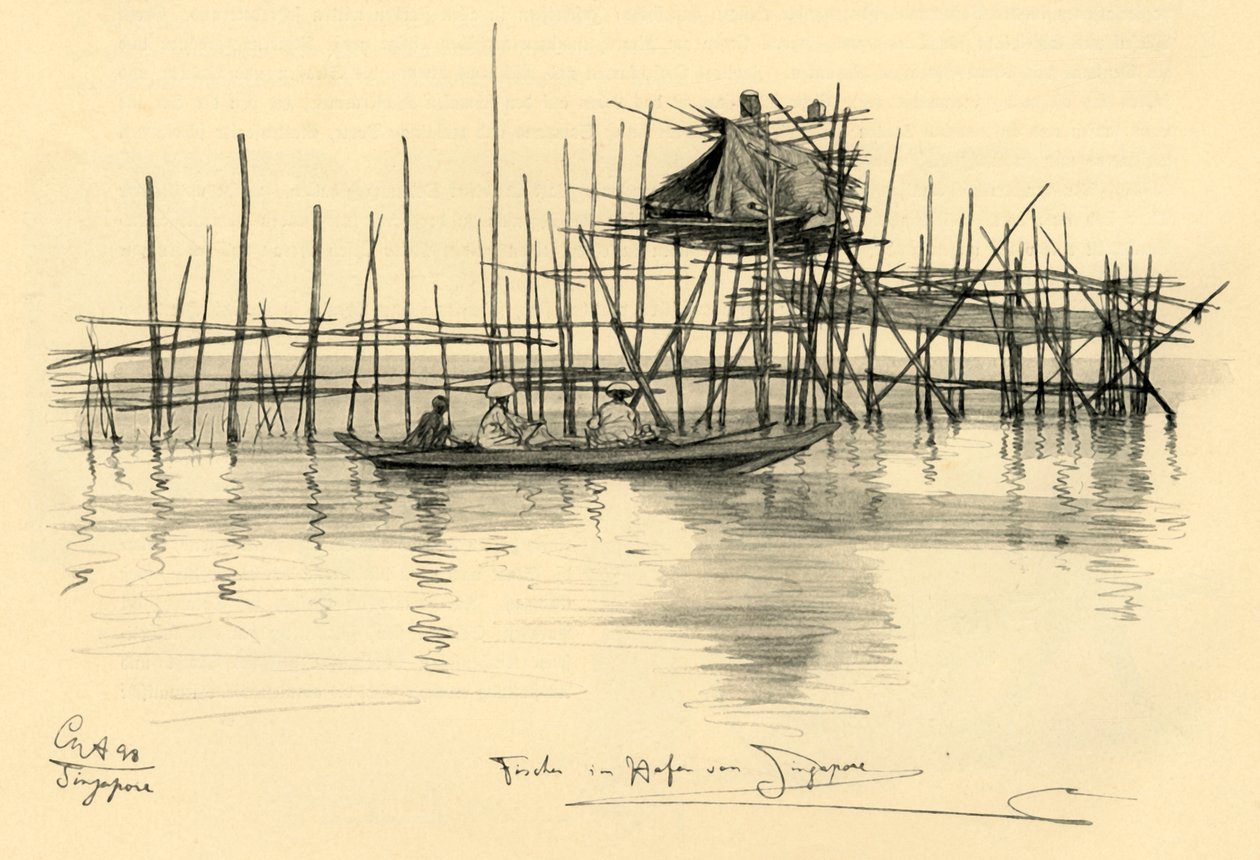 Hus på pålar och fiskare i Singapores hamn, 1898. av Christian Wilhelm Allers