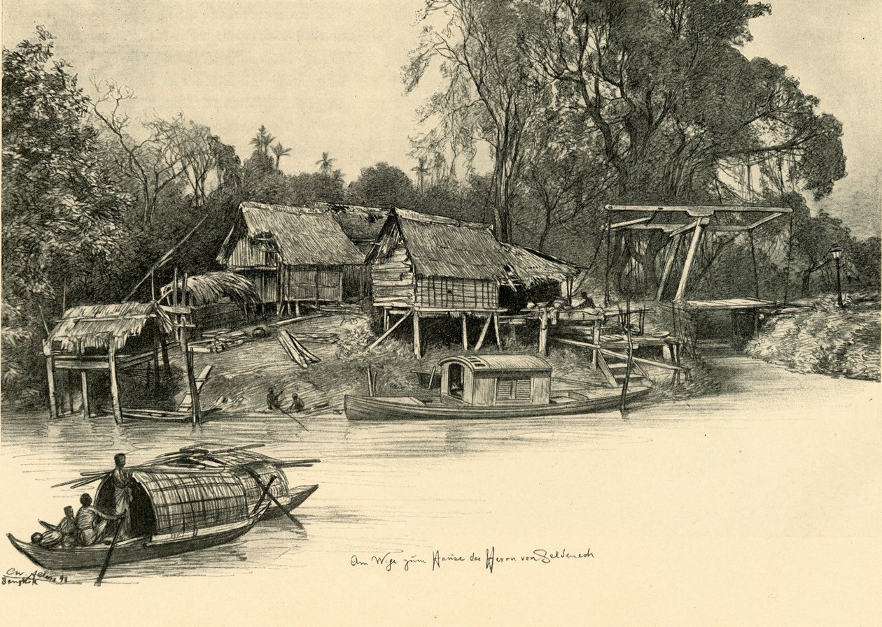 Hus på pålar, Bangkok, Siam, 1898. av Christian Wilhelm Allers