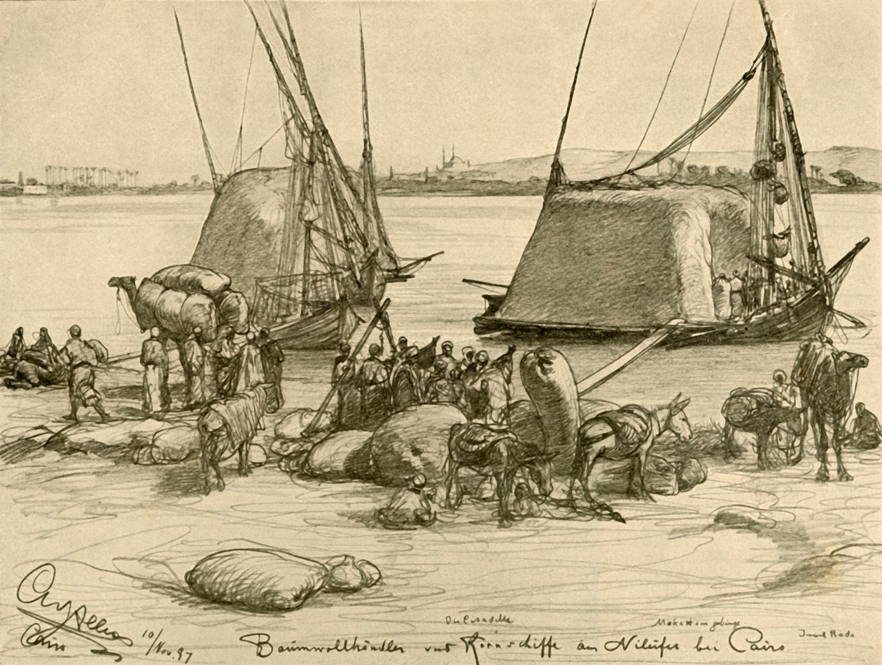 Lastning av bomull på spannmålsbåtar, Nilen, Kairo, Egypten, 1898. av Christian Wilhelm Allers