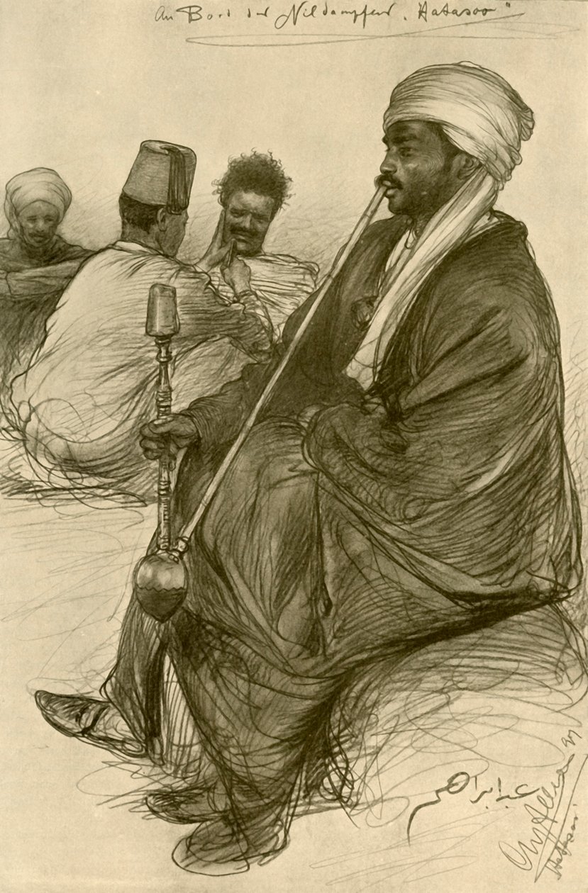 Man röker en vattenpipa ombord på "Hatasoo"-ångbåten, Egypten, 1898. av Christian Wilhelm Allers